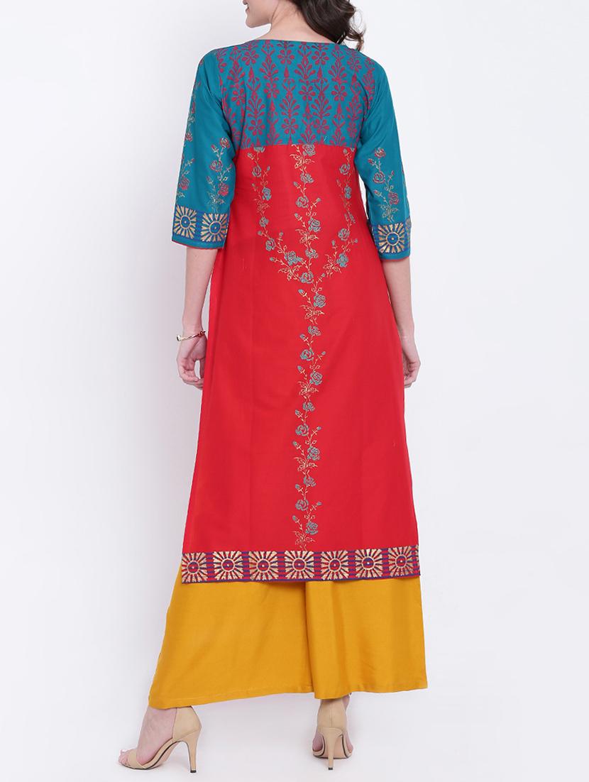 red cotton straight kurta - 15069435 - Zoom Image - 3