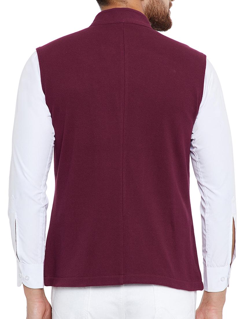 maroon cotton nehru jacket - 15077401 - Zoom Image - 3