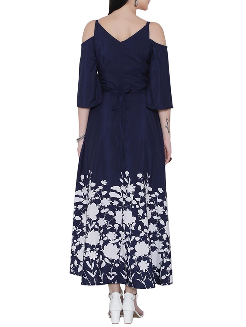 navy blue printed cold shoulder maxi dress - 15077425 - Zoom Image - 3