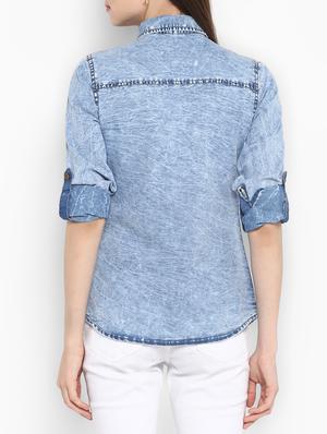 light blue solid embellished denim shirt - 15085661 - Standard Image - 3