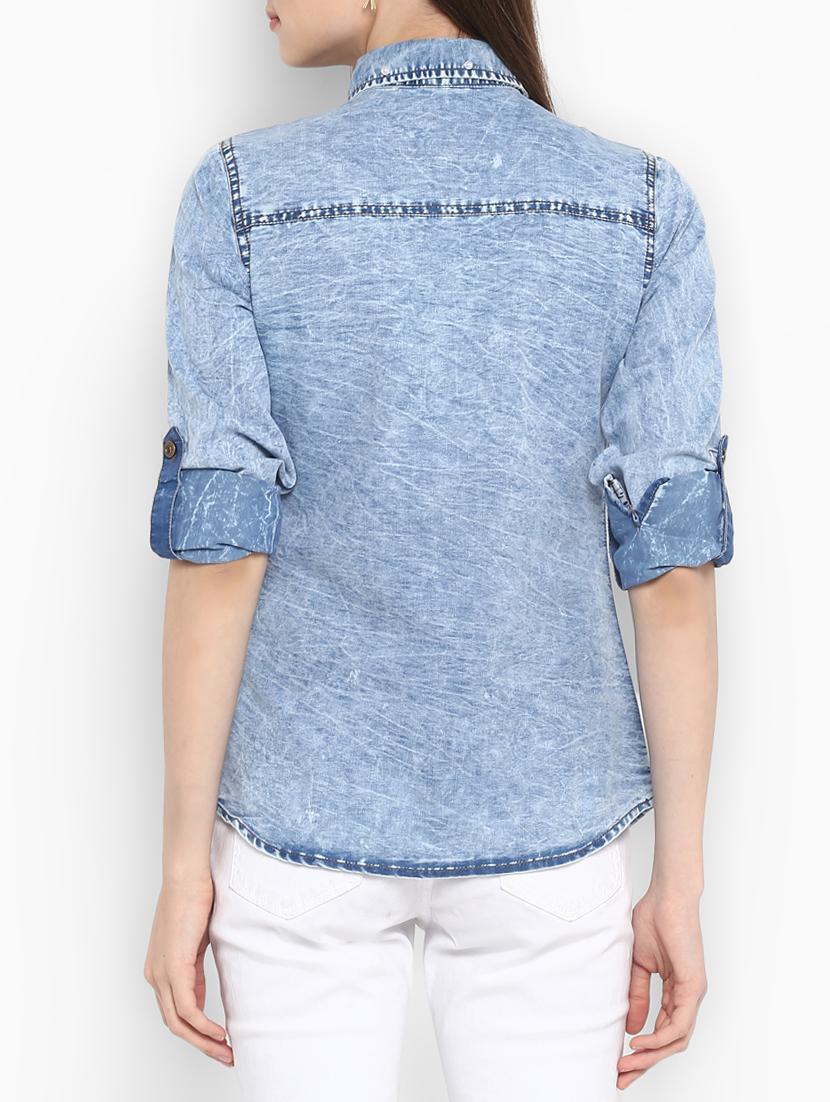 light blue solid embellished denim shirt - 15085661 - Zoom Image - 3