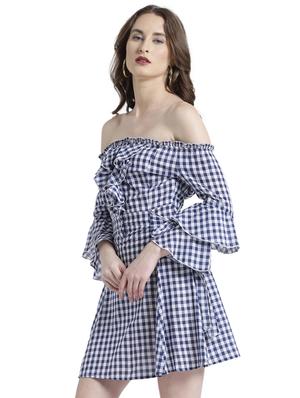 blue checkered off shoulder dress - 15092402 - Standard Image - 3