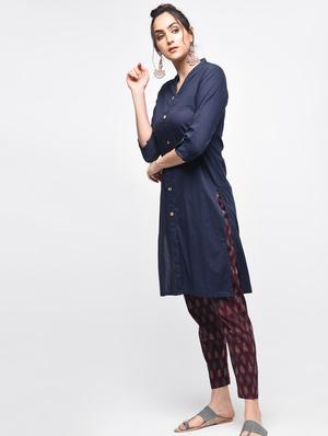 Blue cotton solid straight kurta - 15101345 - Standard Image - 3