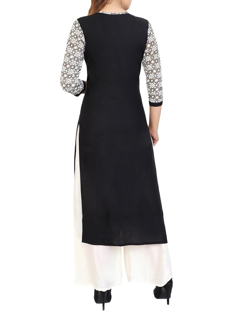 black cotton straight kurta - 15106247 - Zoom Image - 3