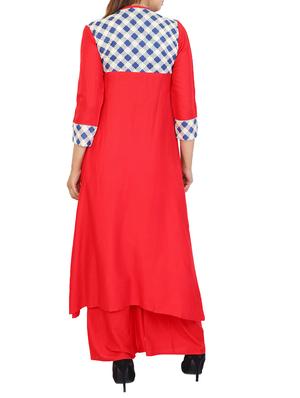 Red cotton a-line kurta - 15106263 - Standard Image - 3