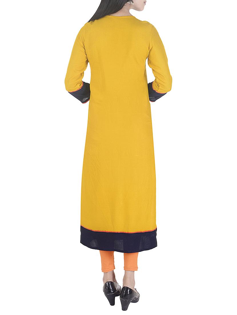 yellow rayon straight kurta - 15113061 - Zoom Image - 3