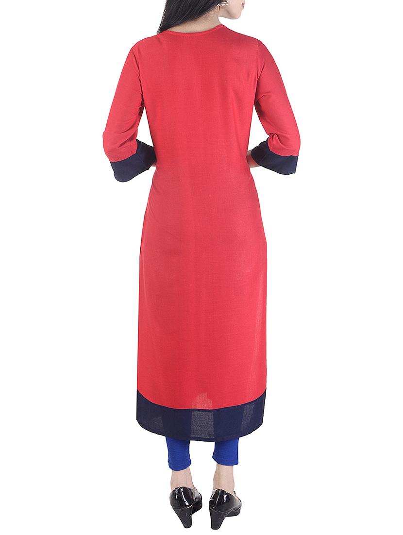 red rayon straight kurta - 15113066 - Zoom Image - 3