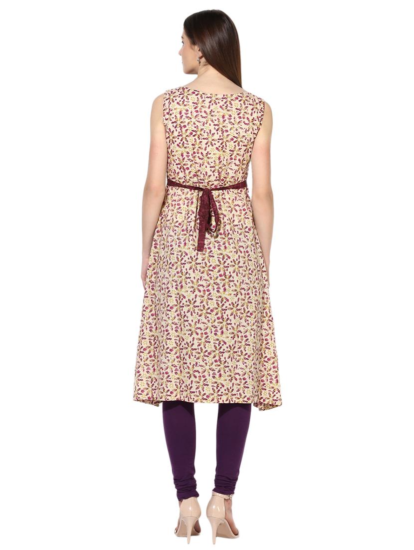 beige cotton a-line kurta - 15113432 - Zoom Image - 3