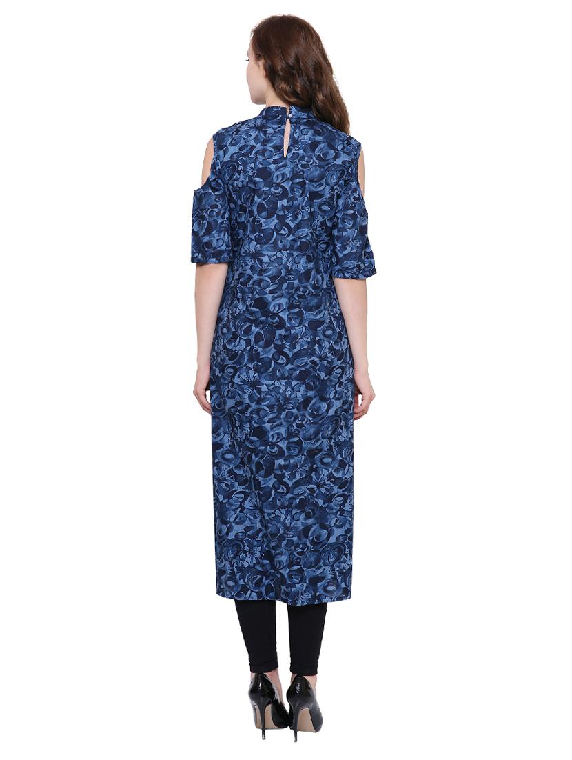 blue rayon cold sleeves a-line kurta - 15115346 - Zoom Image - 3