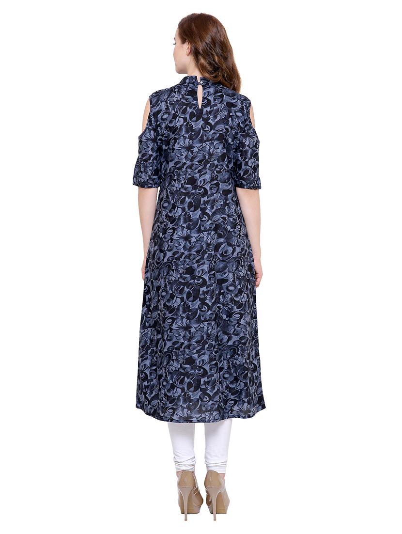 Blue rayon cold sleeves a-line kurta - 15115347 - Zoom Image - 3