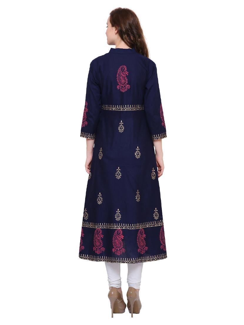 blue cotton flared kurta - 15115348 - Zoom Image - 3