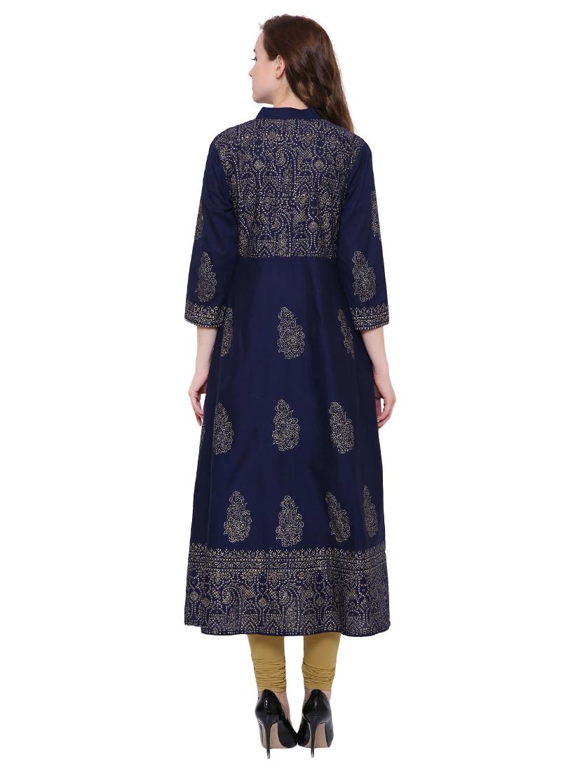 blue cotton flared kurta - 15115349 - Zoom Image - 3