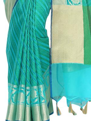 turquoise cotton silk woven saree with blouse - 15118905 - Standard Image - 3