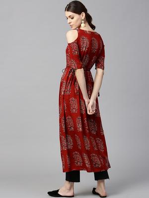 brown rayon flared kurta - 15122097 - Standard Image - 3