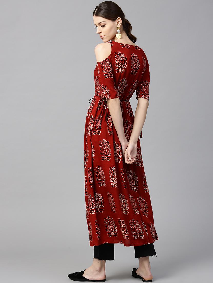 brown rayon flared kurta - 15122097 - Zoom Image - 3