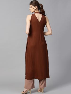 brown rayon aline kurta - 15122133 - Standard Image - 3