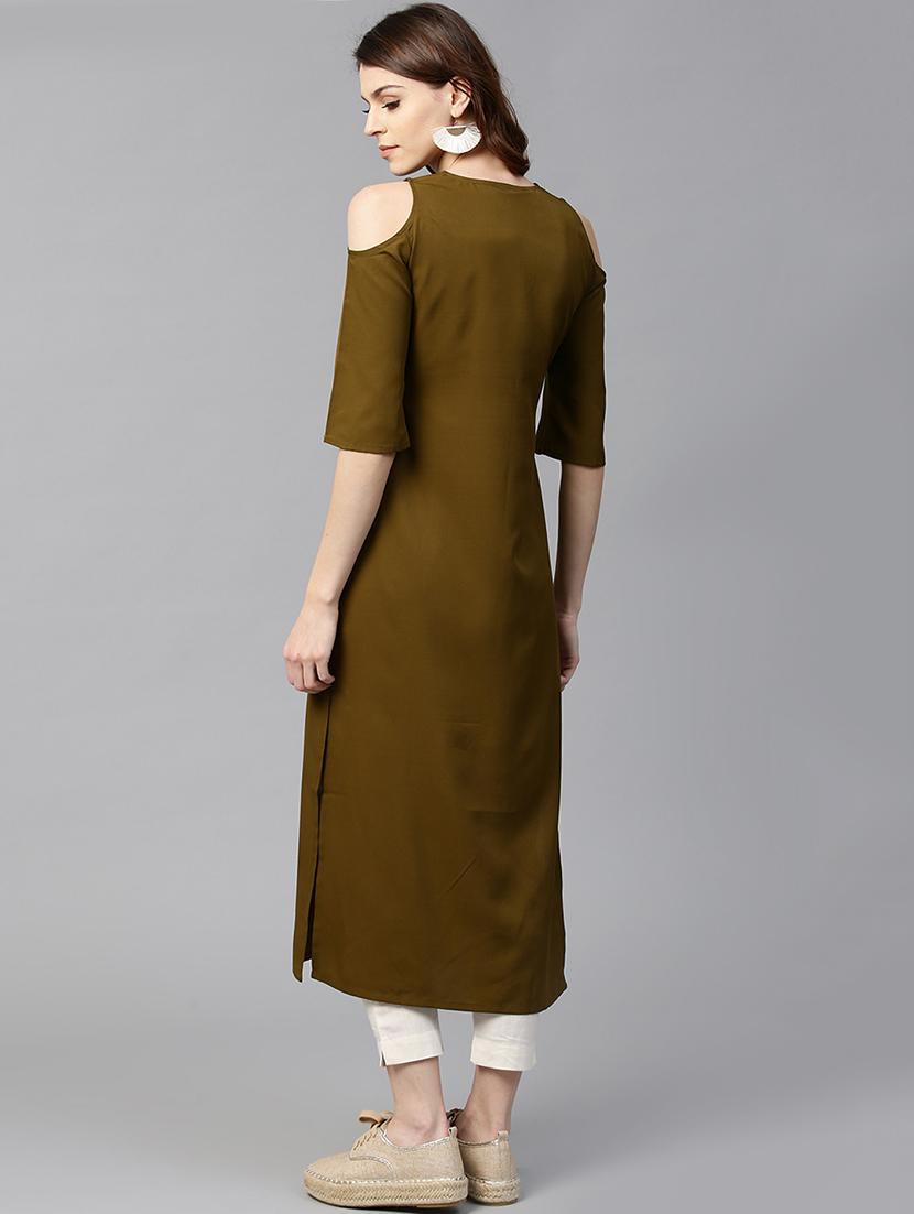 green crepe straight kurta - 15122141 - Zoom Image - 3