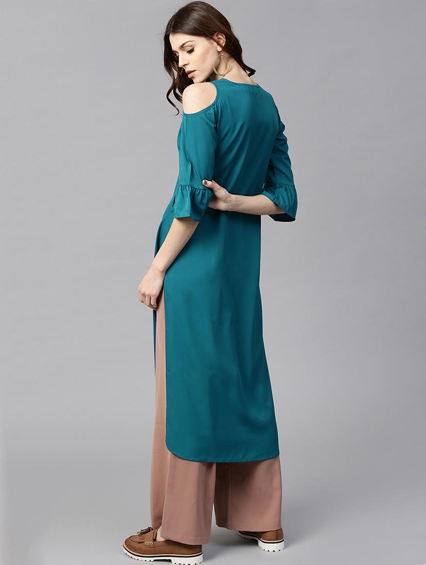 blue crepe straight kurta - 15122142 - Zoom Image - 3