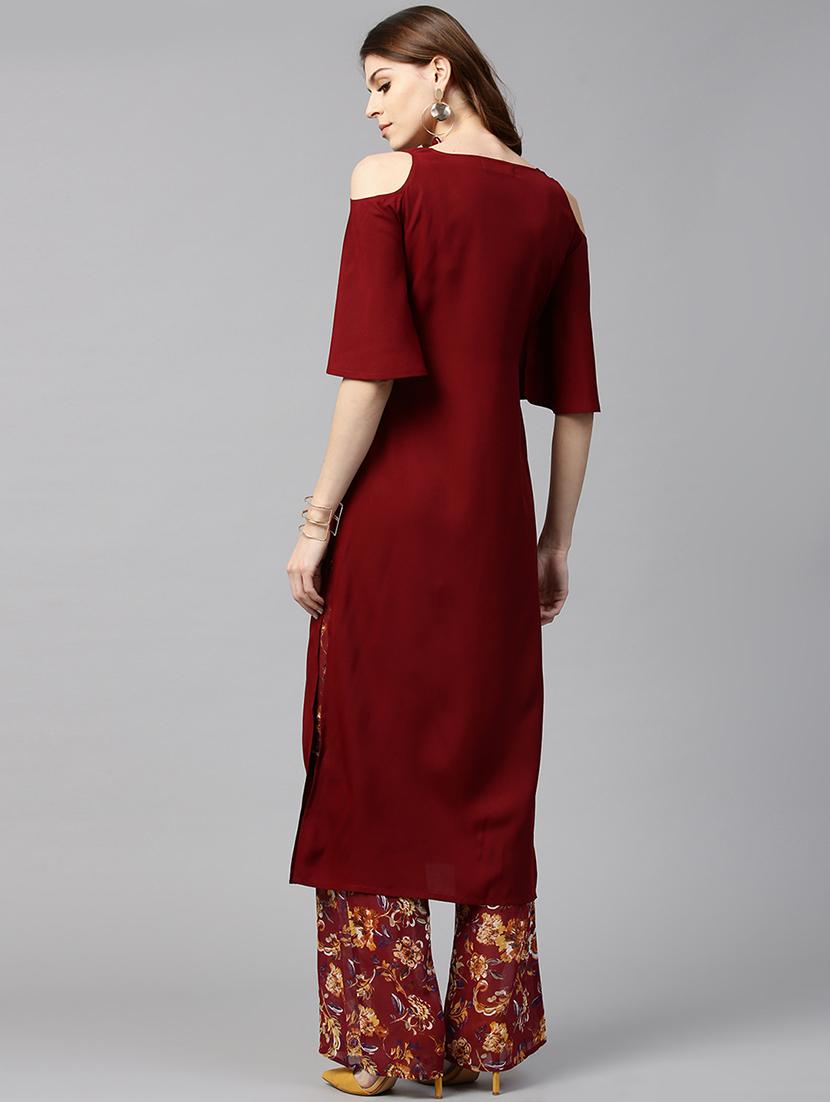 maroon crepe straight kurta - 15122143 - Zoom Image - 3