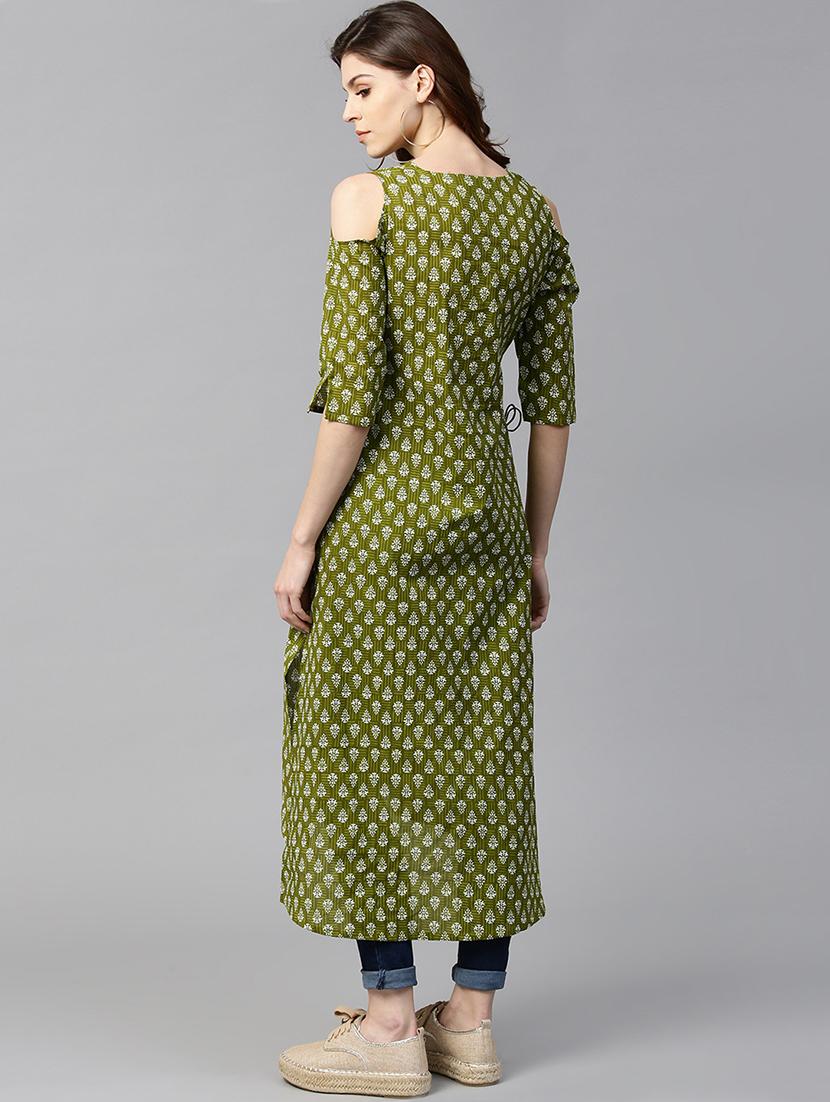 green cotton aline kurta - 15122149 - Zoom Image - 3
