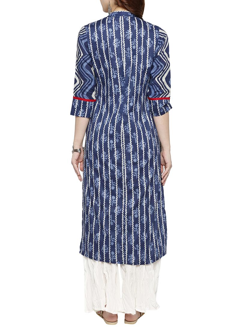 blue cotton straight kurta - 15122364 - Zoom Image - 3