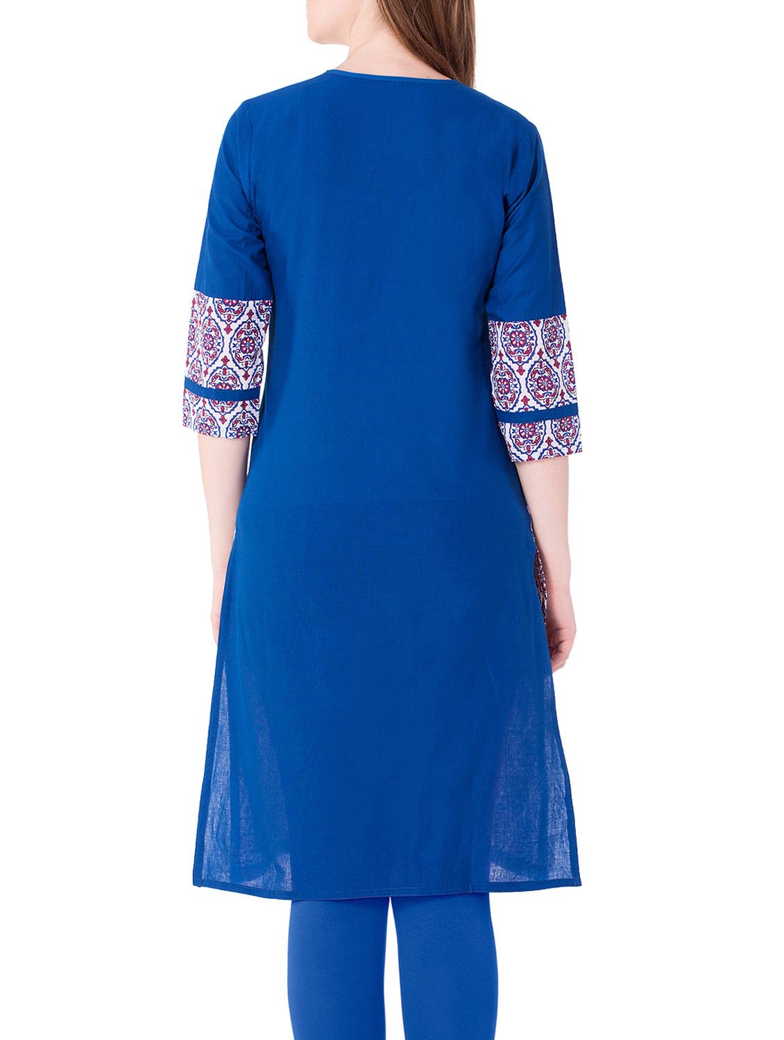 blue cotton straight kurta - 15122368 - Zoom Image - 3
