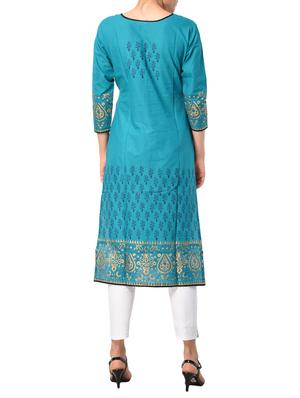 Blue cotton straight kurta - 15122535 - Standard Image - 3