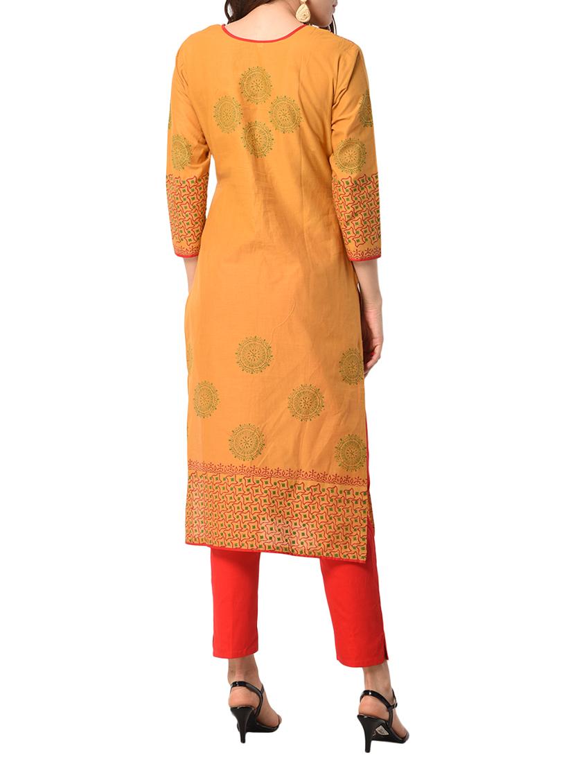 Orange cotton straight kurta - 15122536 - Zoom Image - 3