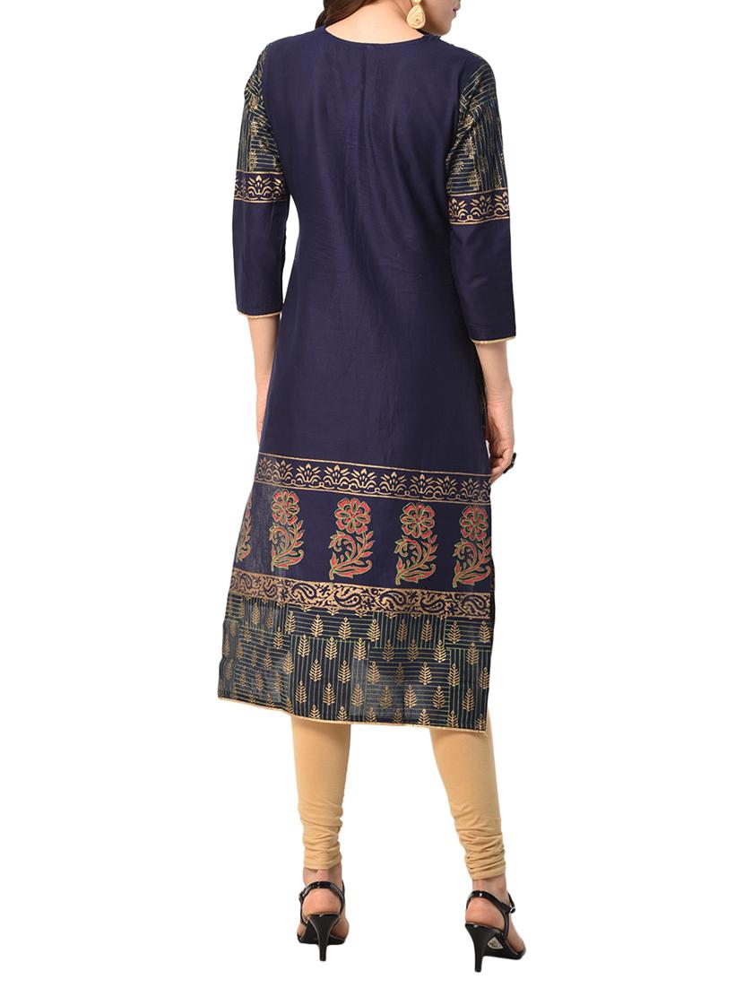 blue cotton straight kurta - 15122540 - Zoom Image - 3