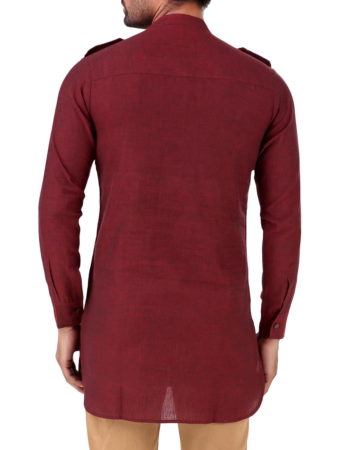maroon khadi cotton kurta - 15125753 - Zoom Image - 3