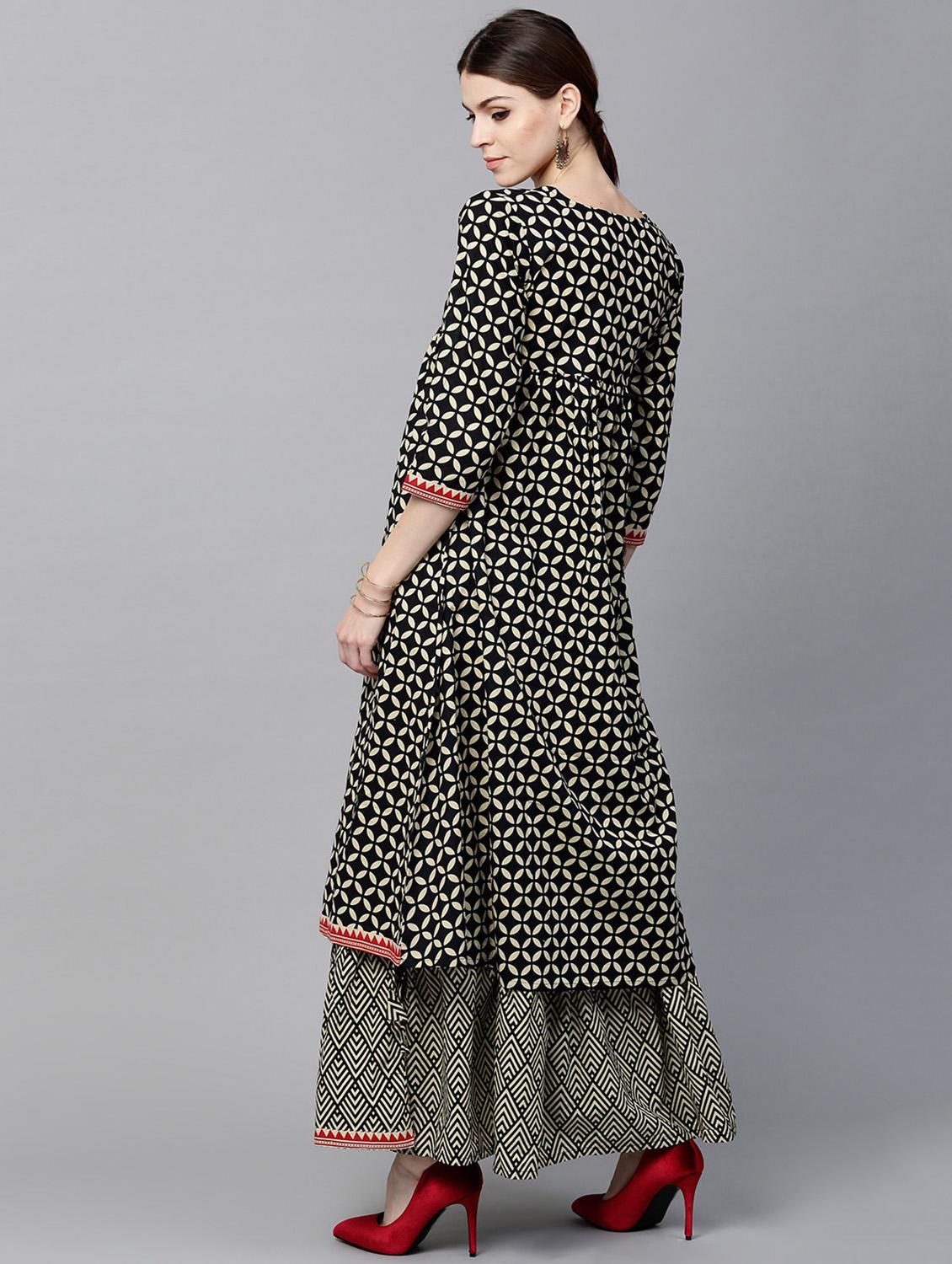 Black Cotton Printed a-line Kurta With Skirt - 15129030 - Zoom Image - 3