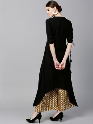 Black Rayon Solid Kurta With Cotton Printed Palazzo - 15129034 - Standard Image - 3