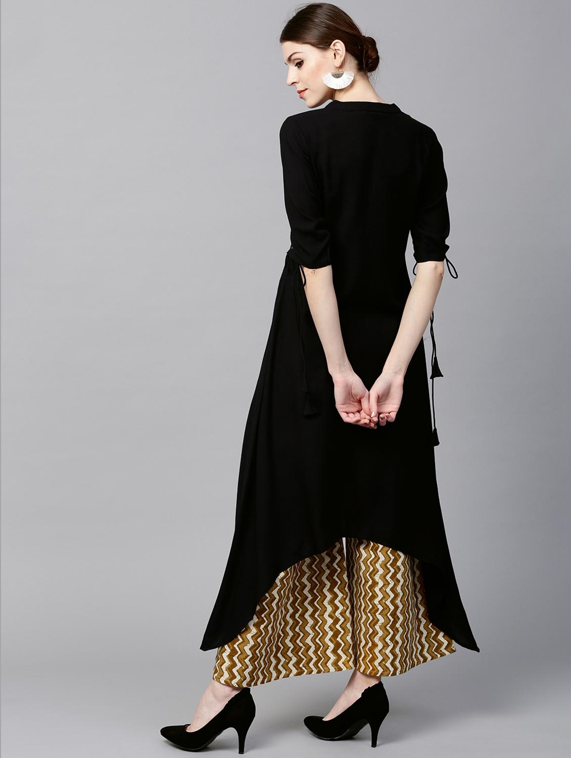 Black Rayon Solid Kurta With Cotton Printed Palazzo - 15129034 - Zoom Image - 3