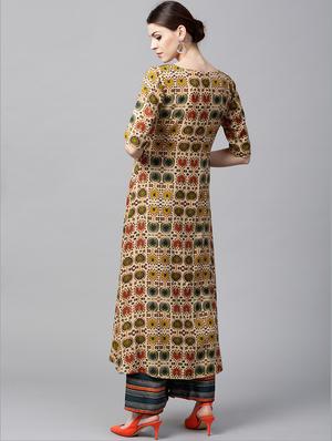 Rayon Printed Aline Kurta With Palazzo - 15129037 - Standard Image - 3