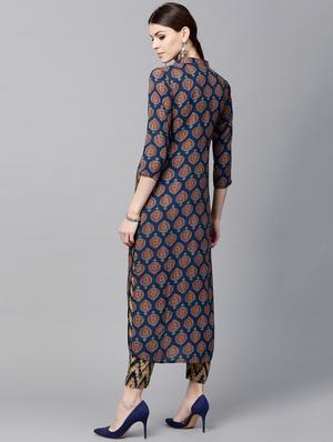 Blue Rayon Printed Straight Kurta With Trouser - 15129041 - Standard Image - 3