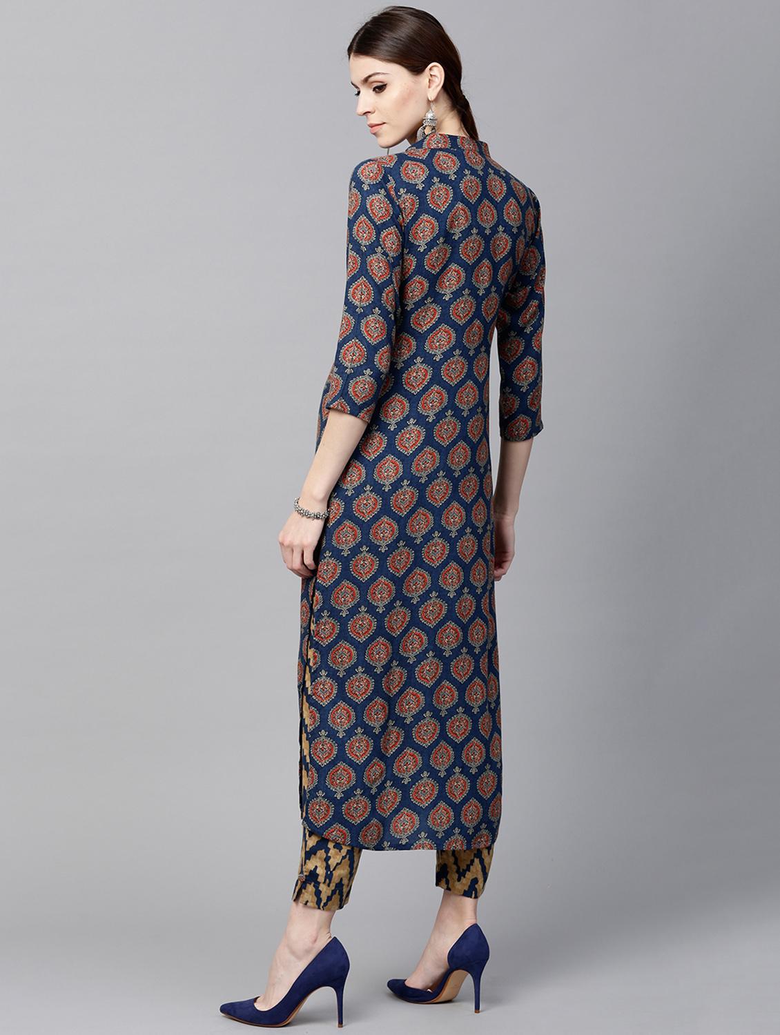 Blue Rayon Printed Straight Kurta With Trouser - 15129041 - Zoom Image - 3