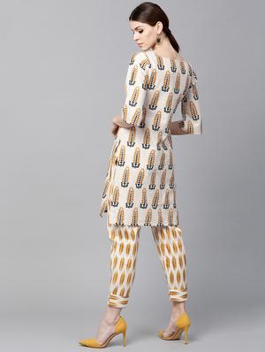 White Cotton Printed Short Kurta With Trouser - 15129045 - Standard Image - 3