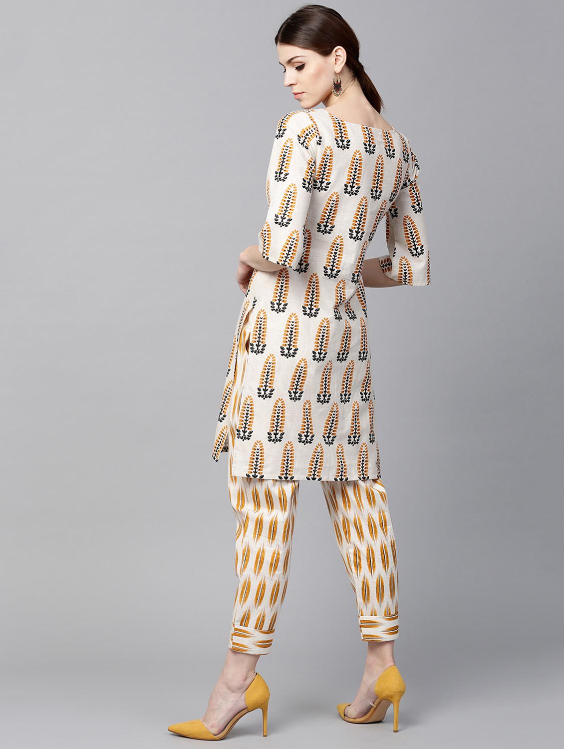 White Cotton Printed Short Kurta With Trouser - 15129045 - Zoom Image - 3