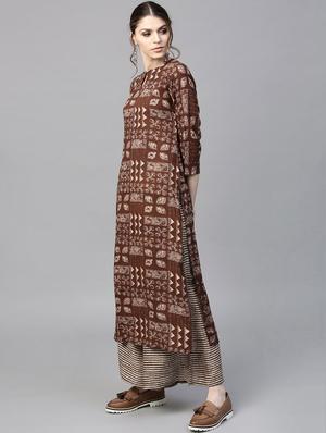 Brown Rayon Printed Straight Kurta With Palazzo - 15129056 - Standard Image - 3