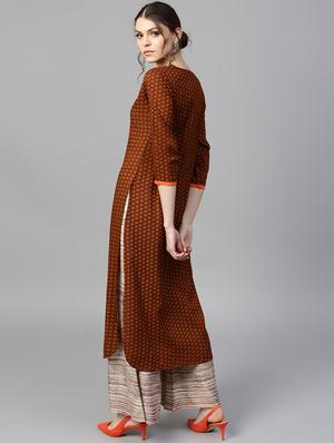 Brown Rayon Printed Straight Kurta With Palazzo - 15129057 - Standard Image - 3