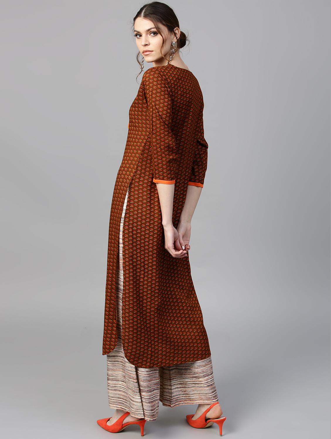 Brown Rayon Printed Straight Kurta With Palazzo - 15129057 - Zoom Image - 3
