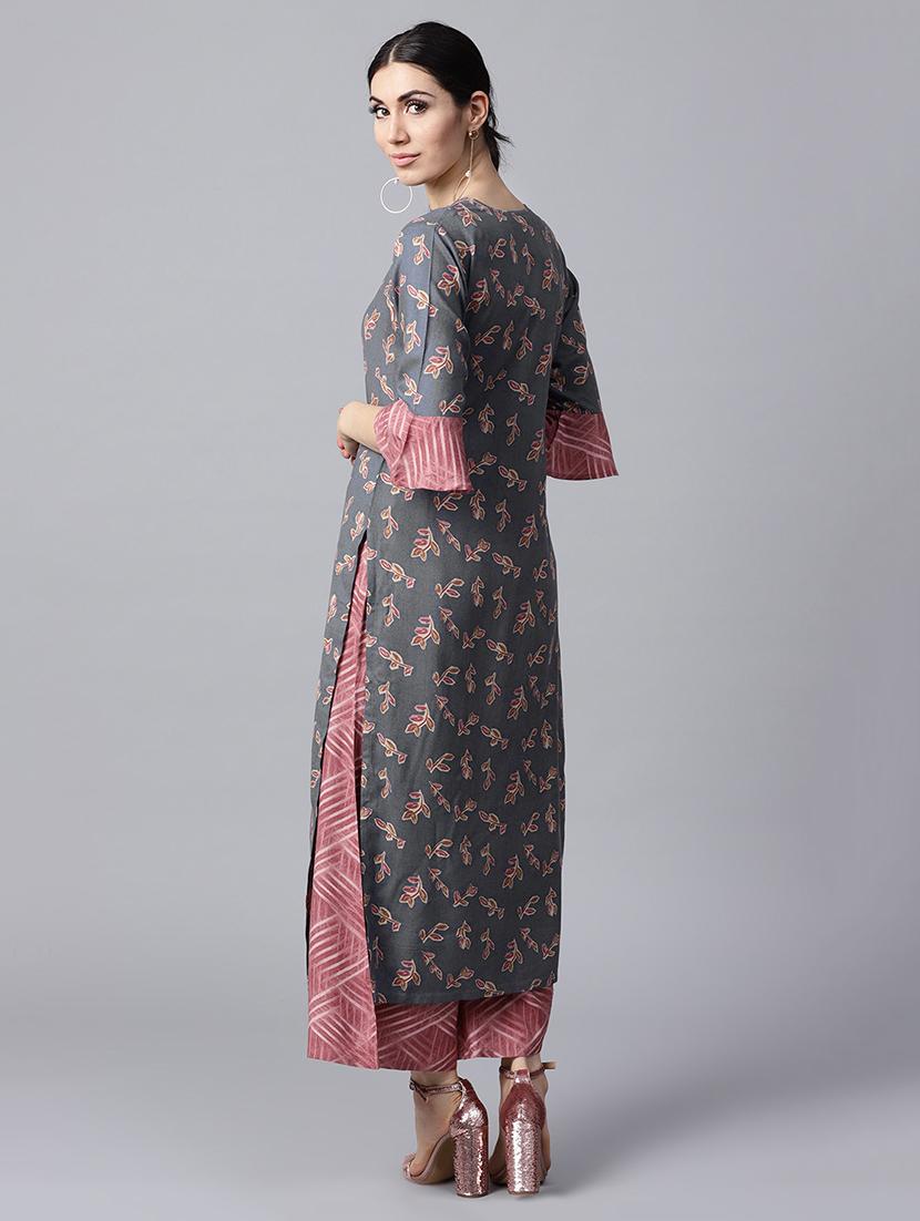 grey rayon kurta palazzo set - 15143337 - Zoom Image - 3