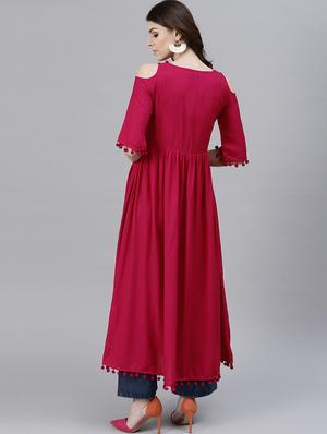 pom pom solid flared kurta - 15143428 - Standard Image - 3