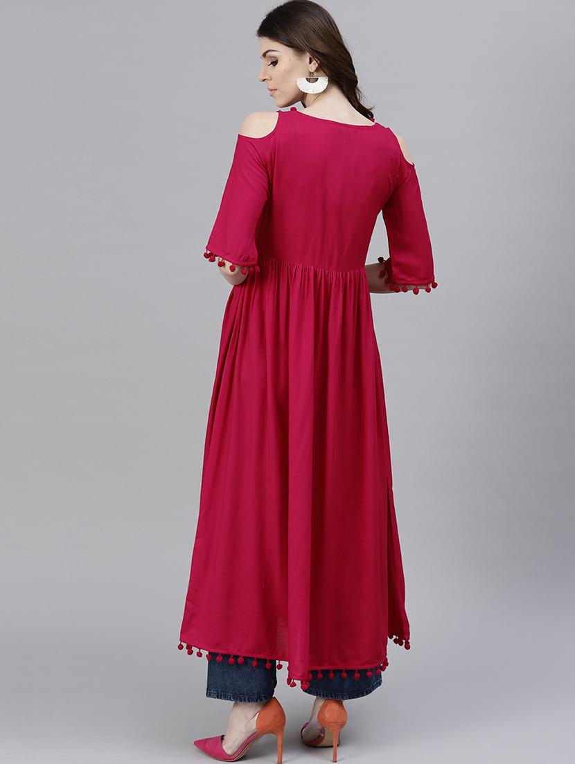 pom pom solid flared kurta - 15143428 - Zoom Image - 3
