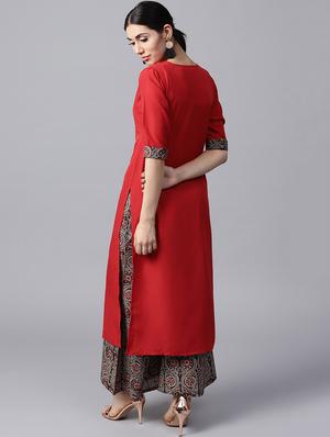 red synthetic kurta palazzo set - 15143442 - Standard Image - 3