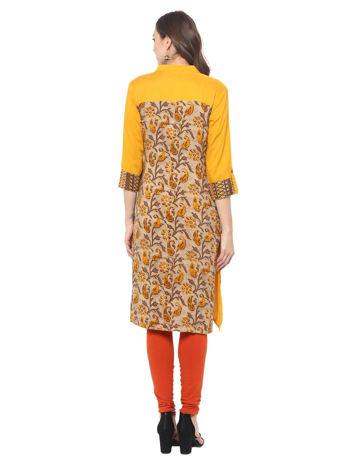 mustard rayon straight kurta - 15152262 - Zoom Image - 3