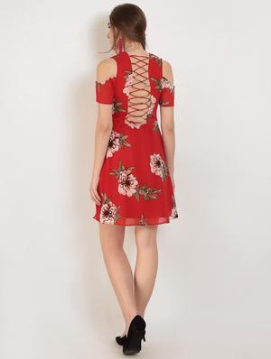 Lace up back floral cold shoulder dress - 15155781 - Standard Image - 3