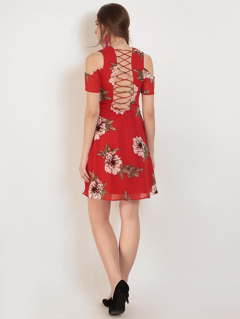 Lace up back floral cold shoulder dress - 15155781 - Zoom Image - 3