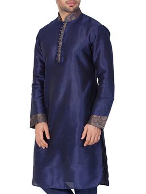 blue silk blend long kurta - 15159453 - Standard Image - 3