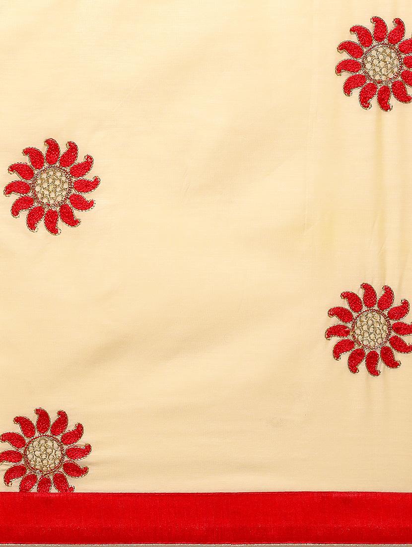 beige cotton blend embroidered saree with blouse - 15171096 - Zoom Image - 3